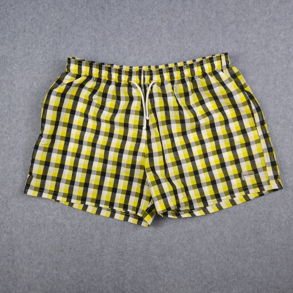 Primo Emporio Mens XL Yellow Black Plaid Swim Shorts Lined Pockets Drawstring